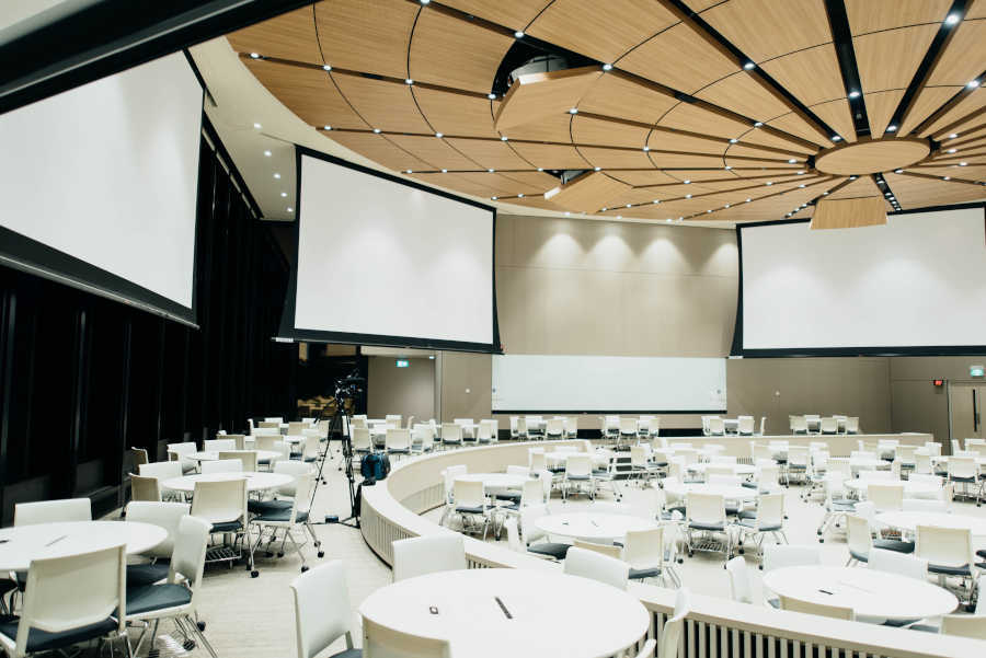 A hall prepared for a corporate event